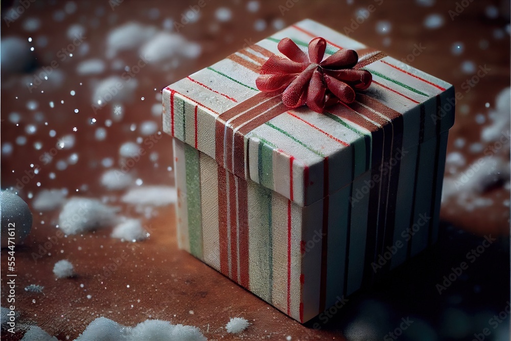Poster a wrapped present box with a red bow on it sitting on a table covered in snow and snow flakes. gener