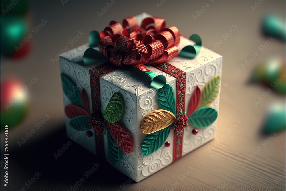 Poster a white present box with a red bow and a ribbon on it's top and a green leaf design on the side. gen