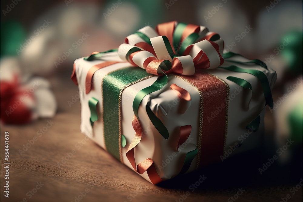 Aufkleber a wrapped present box with a bow on it sitting on a table next to other presents and ornaments on th
