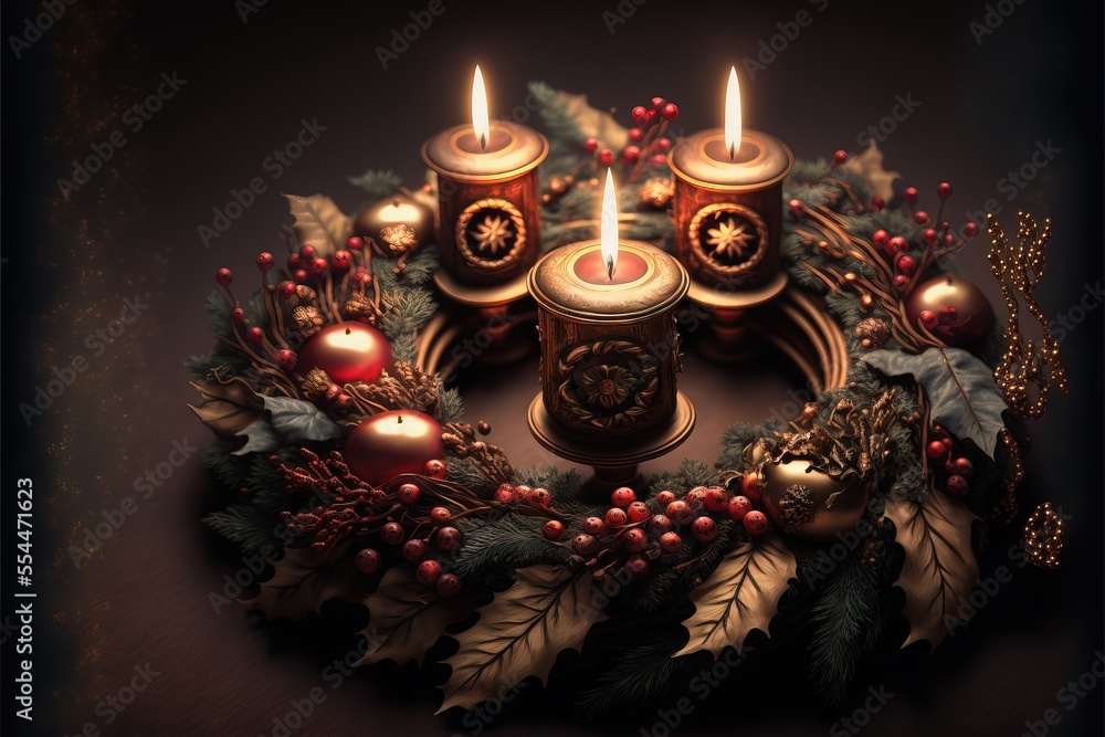 Poster a wreath with candles and decorations on it on a table top with a candle holder in the middle of it.