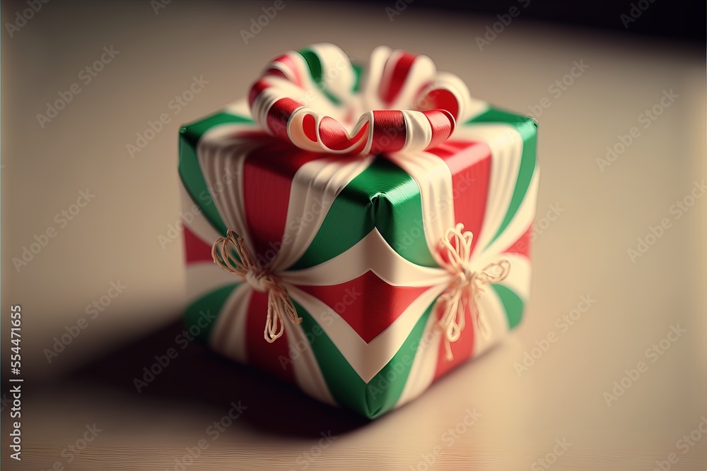 Poster a green and red wrapped present box with a bow on it's side on a table top with a shadow. generative