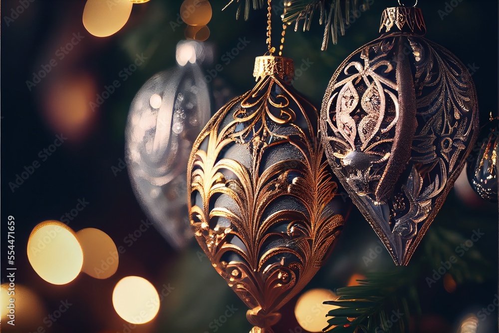 Poster a close up of two ornaments on a christmas tree with lights in the background and a blurry backgroun