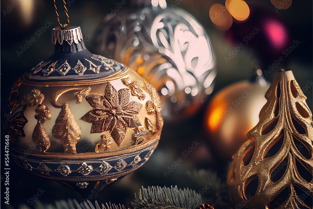Poster a group of ornaments sitting on top of a table next to a christmas tree with lights in the backgroun