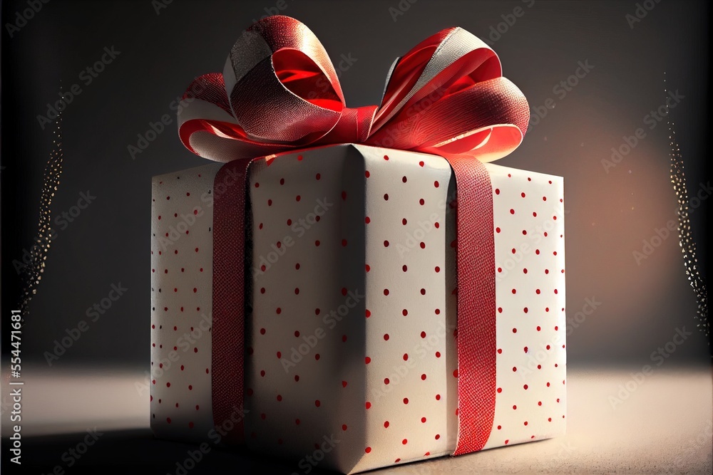 Poster a white gift box with a red bow on it's top and a string of lights behind it. generative ai