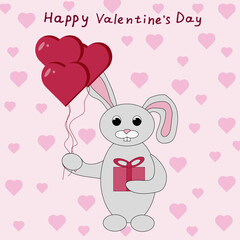 Valentine greeting card with cartoon bunny with pink gift box and air balloons in shape of heart and inscription happy valentine's day. Valentines day concept with a rabbit.