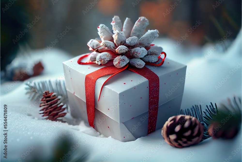 Poster a white present box with a red ribbon and a pine cone on top of it in the snow with pine cones and c