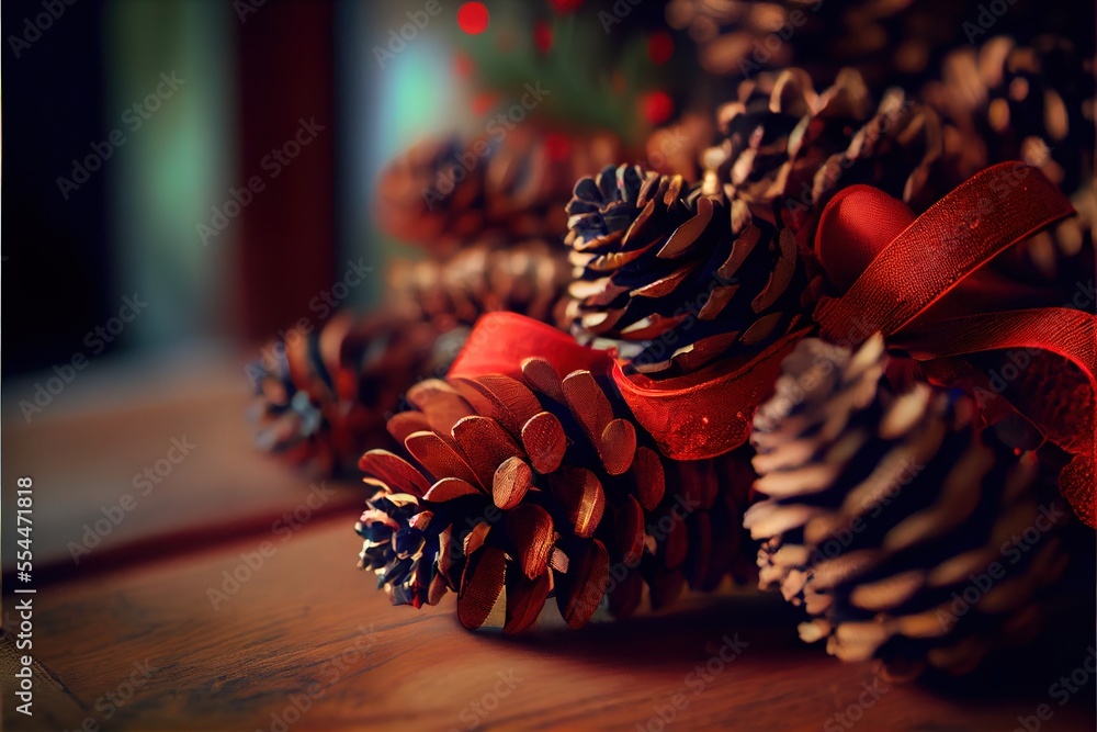 Poster a bunch of pine cones with red ribbons on them sitting on a table with a christmas tree in the backg