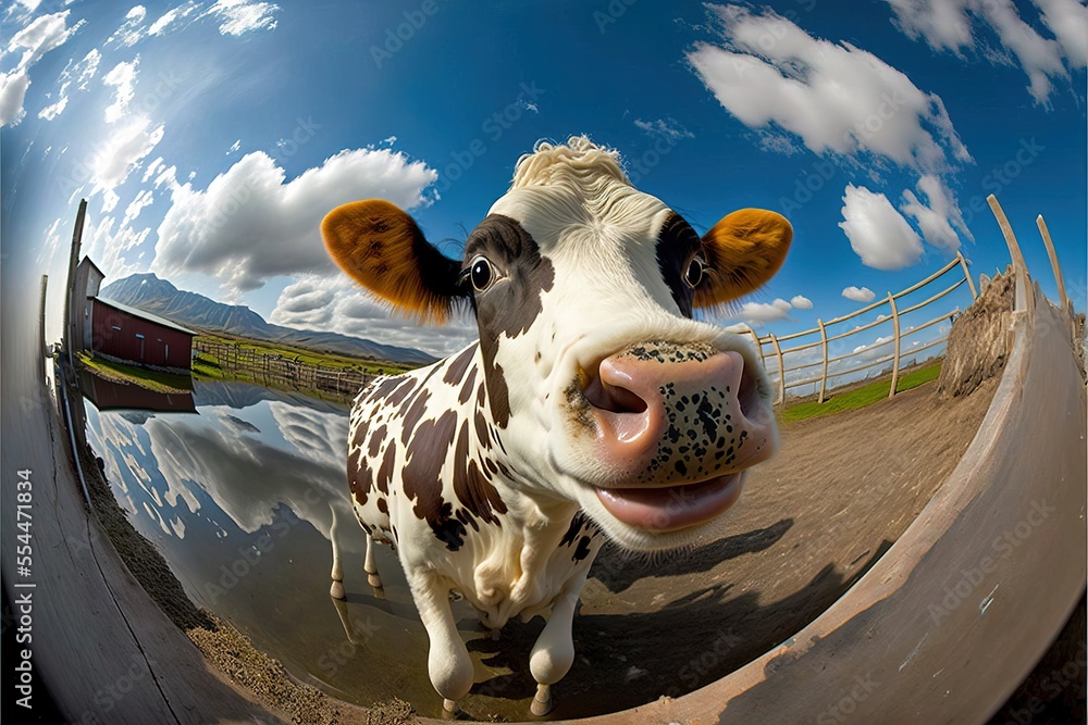 Poster a cow is standing in a fenced in area with a sky background and clouds in the sky. generative ai