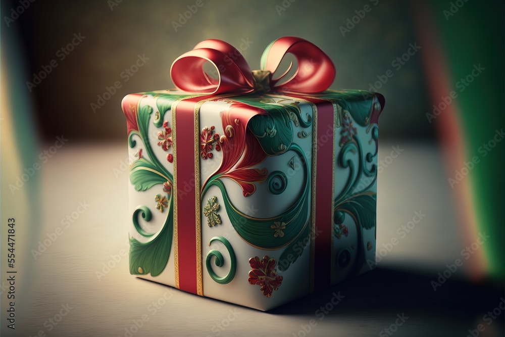 Poster a present box with a red bow on it's top and a green background behind it with a red ribbon. generat