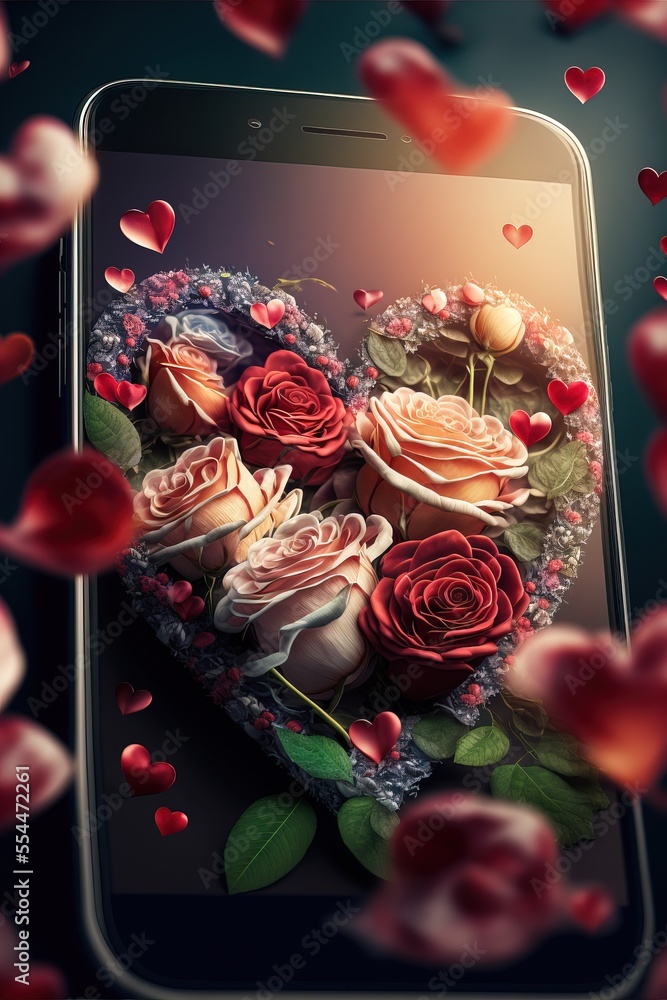 Poster a heart - shaped arrangement of roses is being displayed on a phone screen with hearts floating arou