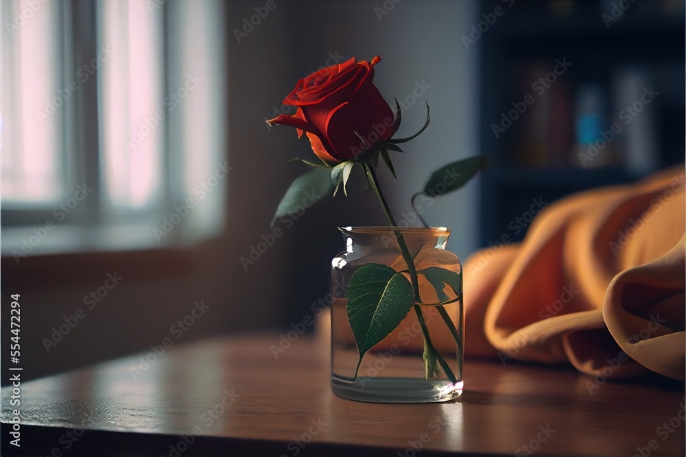 Poster a single red rose in a glass vase on a table with a blanket in the background and a window. generati
