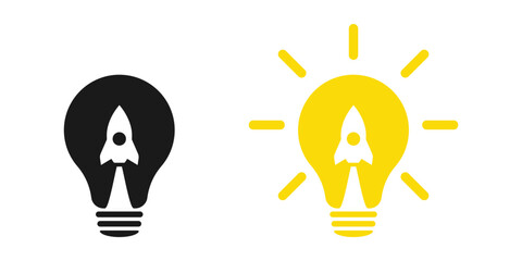 Lamp and rocket. Light bulb and airplane symbol or icon. Takeoff concept
