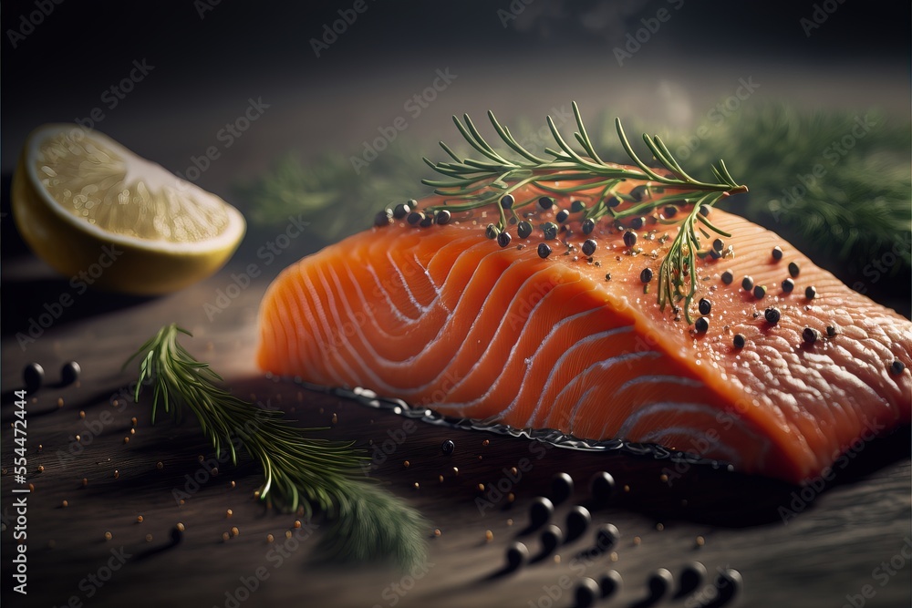 Poster a piece of salmon with a sprig of rosemary on it and a lemon slice on the side. generative ai