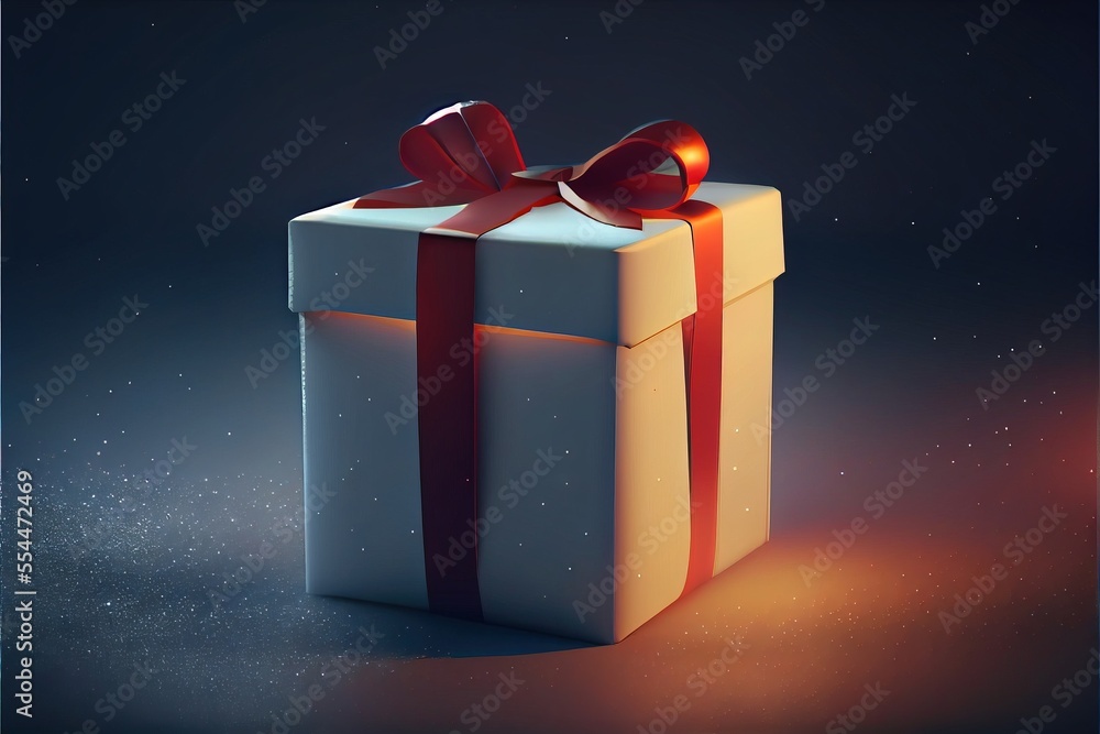 Poster a white gift box with a red ribbon on it and a bow on the top of it. generative ai
