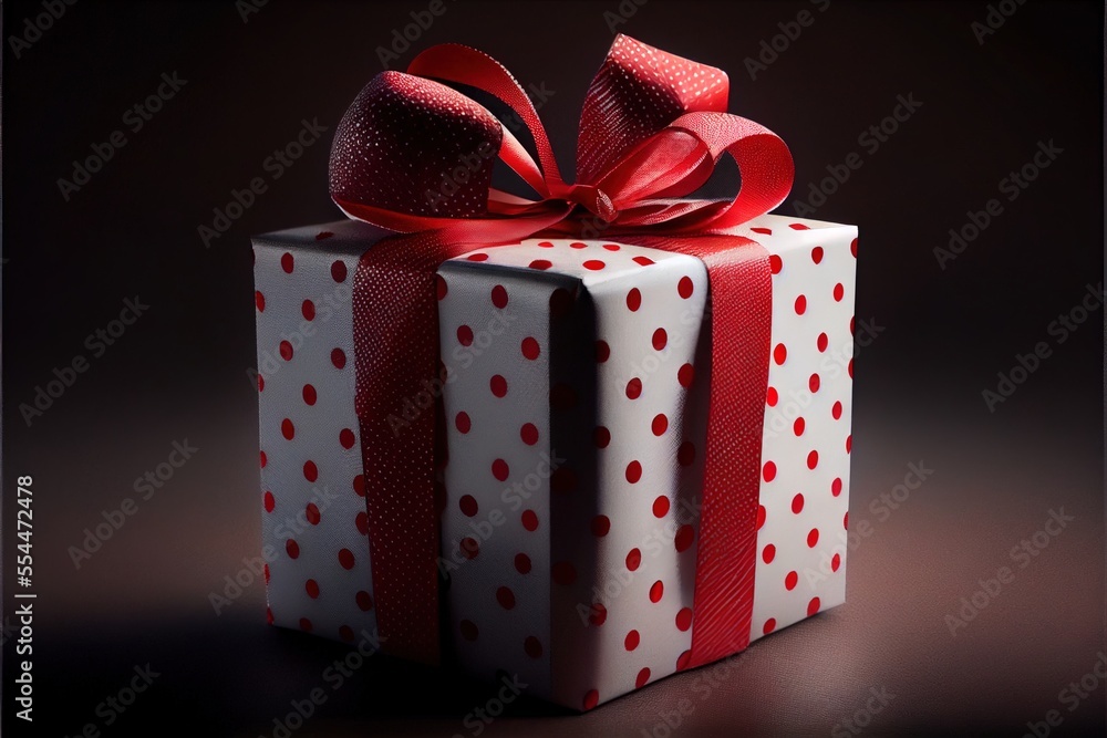 Poster a white and red gift box with a red bow on it's top and a red ribbon on the top. generative ai
