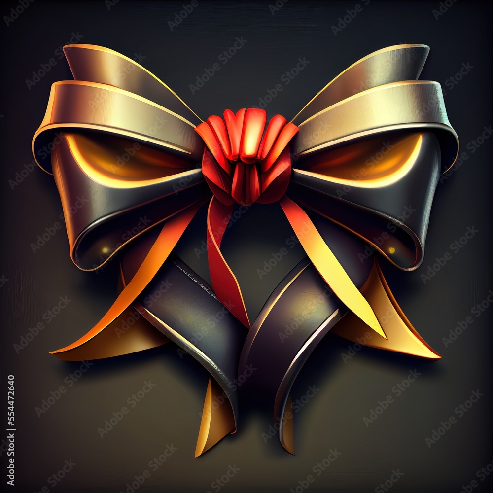 Poster a red bow with gold ribbons on a black background with a shadow of the bow on the bottom of the bow.
