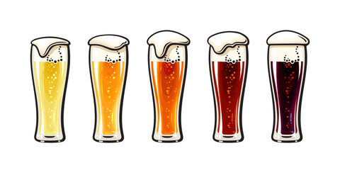 Hand drawn set of glasses of light and dark beer. Different types of craft fresh beer. Vector illustration. - obrazy, fototapety, plakaty