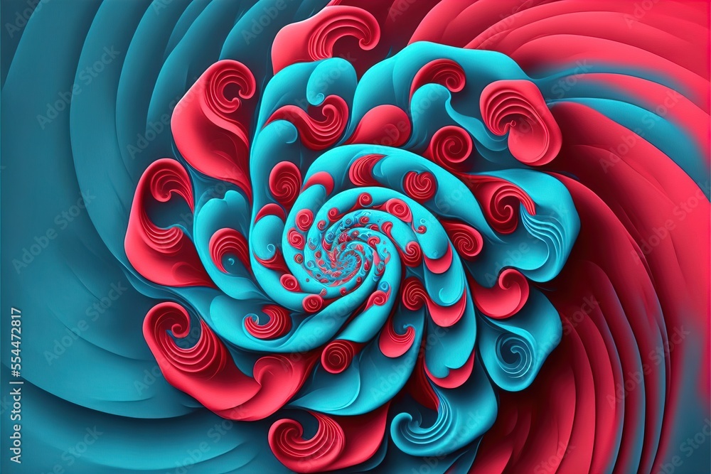Poster a computer generated image of a red and blue flower with a spiral design on it's center and bottom. 