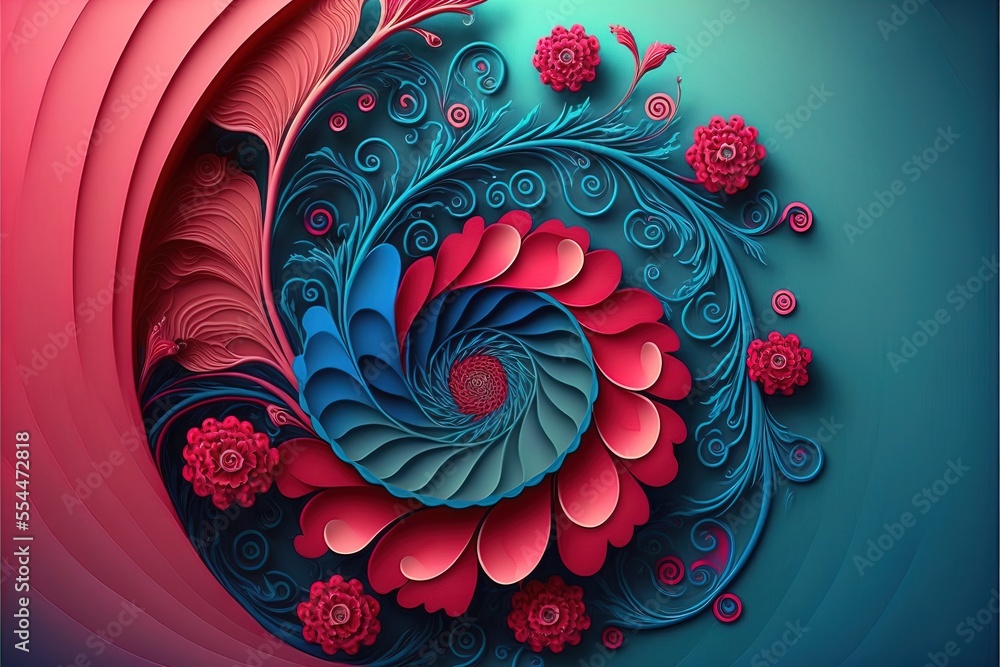Poster a colorful abstract background with a spiral design on it's side and flowers on the side of the imag
