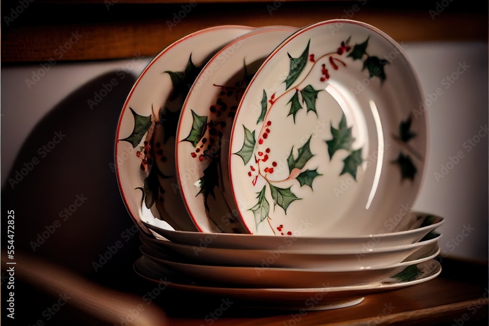 Poster a stack of christmas plates on a shelf with holly decorations on them and a red ribbon on the edge. 