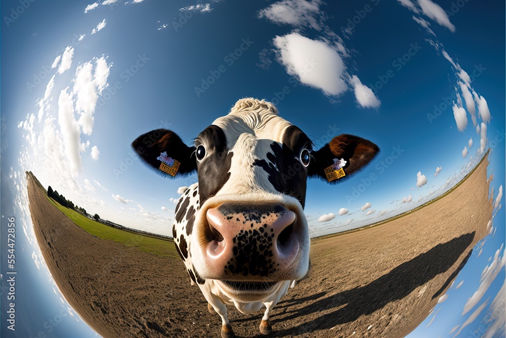 Poster a cow is looking at the camera with a sky background and clouds in the background. generative ai
