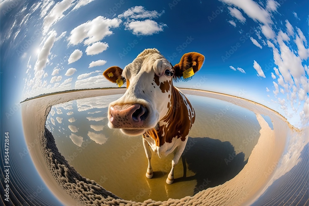 Poster a cow standing in a pool of water with clouds in the background and a sky with clouds in the backgro