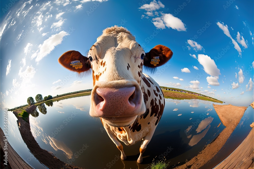 Poster a cow is standing in a pond looking at the camera with a sky background and clouds in the background