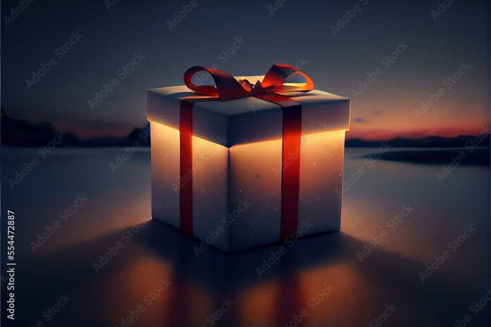 Poster a present box with a red ribbon on it sitting on a table with a sunset in the background and a sky b