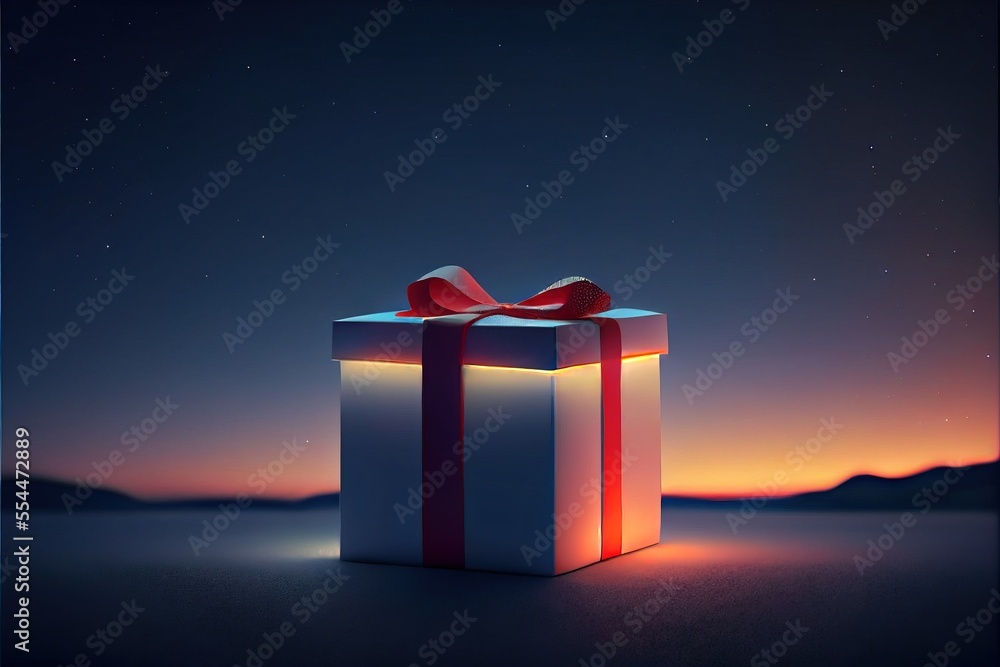 Poster a white box with a red bow on it sitting on a table with a sky background and stars in the sky. gene