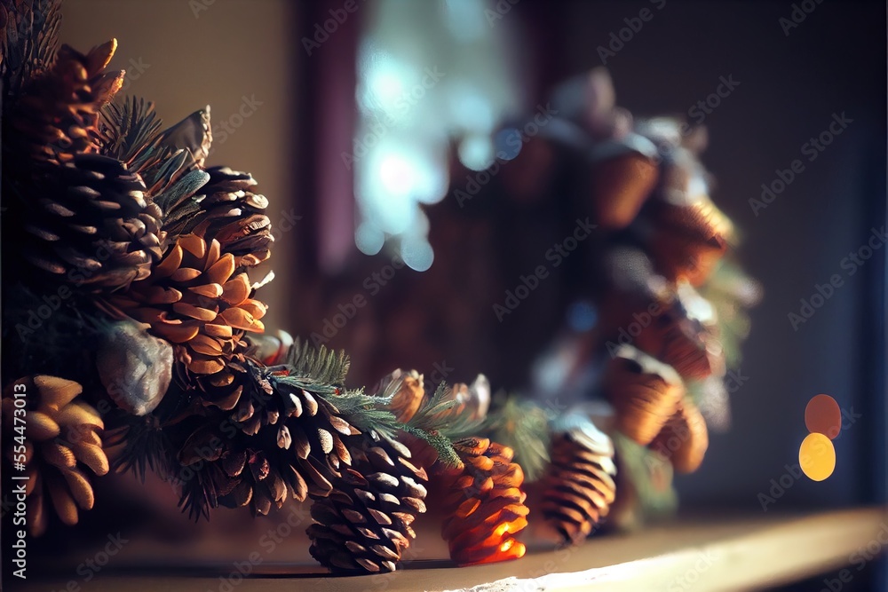 Poster a close up of a pine cone on a shelf with a mirror in the background and a blurry background. genera