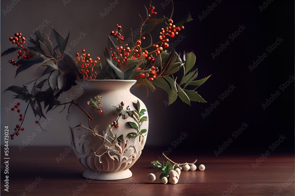 Poster a vase with berries and leaves on a table next to a planter with berries on it and a small white bal