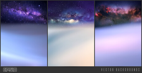 Fog waves and Milky Way. Clouds and starry sky. .Natural background set