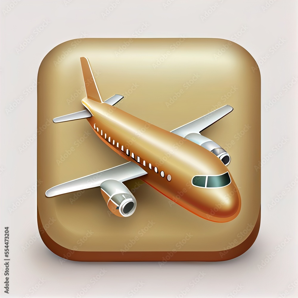 Poster a golden airplane icon with a white background and a brown square frame with a gold plane on it's si