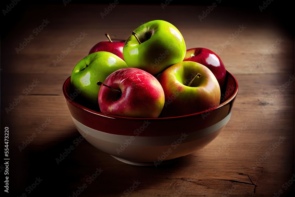 Poster a bowl of apples on a table with a shadow of a person's face in the bowl behind it. generative ai