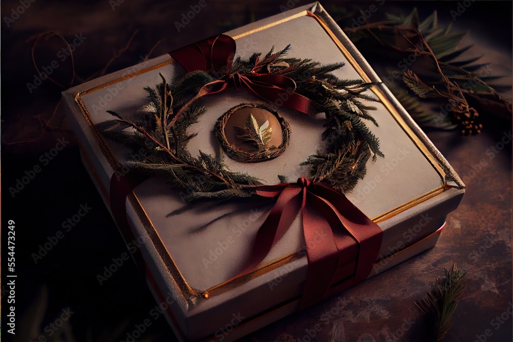 Poster a box with a wreath and a candle inside of it on a table with a red ribbon around it. generative ai