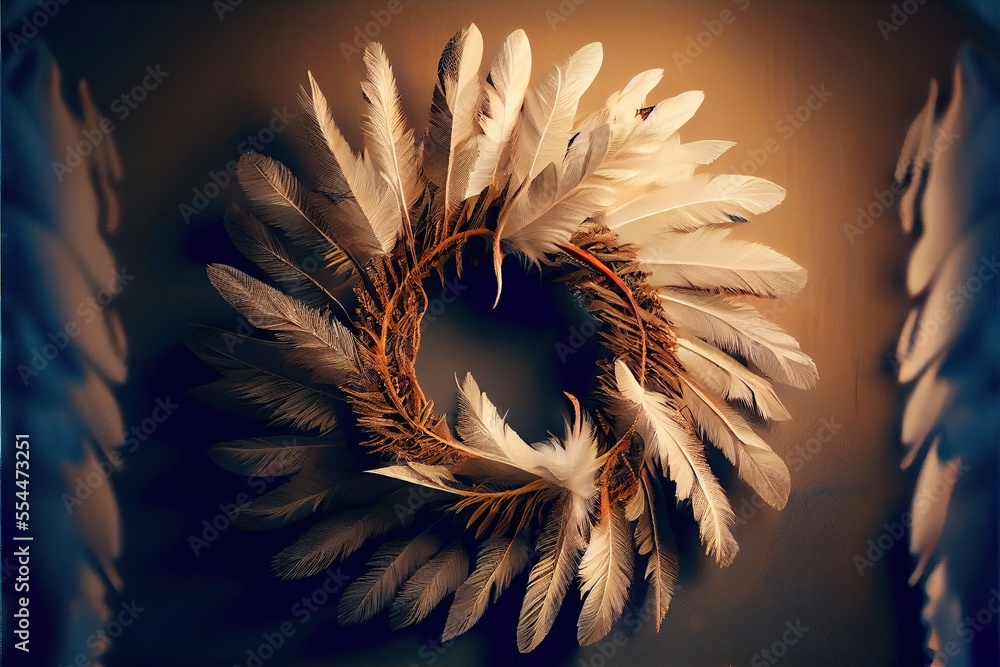 Poster a wreath with feathers hanging on a wall in a room with a blue background and a brown background wit