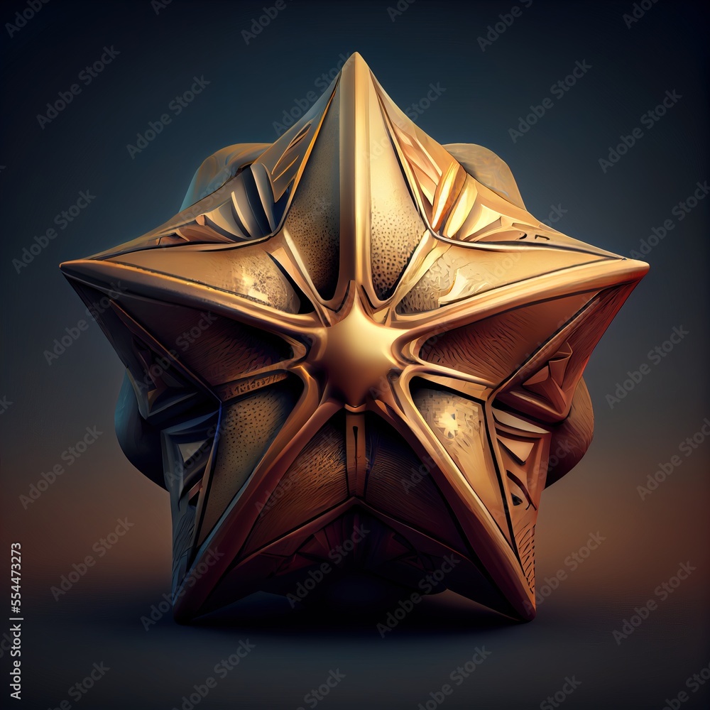 Poster a golden star shaped object on a black background with a light reflection on it's surface and a blac