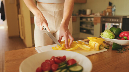 Close-up of young woman's hands cutting tomatoes making salad at home in the kitchen