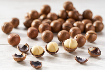 macadamia on a white kitchen table, selective focus.