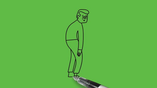 Draw young boy sad face standing lean forward with grey hair hold his open hands down wearing red shirt, grey trouser and white shoes with black outline on abstract green background
