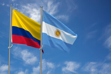 Republic of Colombia and Argentina Flags Over Blue Sky Background. 3D Illustration