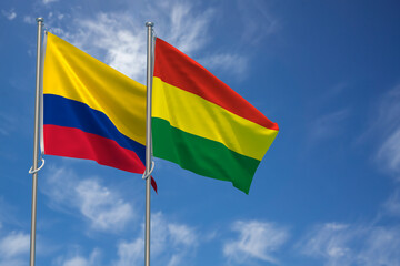 Republic of Colombia and Plurinational State of Bolivia Flags Over Blue Sky Background. 3D Illustration