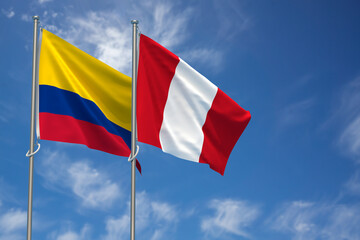 Republic of Colombia and Republic of Peru Flags Over Blue Sky Background. 3D Illustration