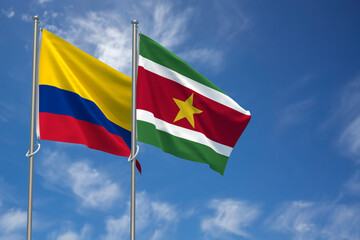 Republic of Colombia and Republic of Suriname Flags Over Blue Sky Background. 3D Illustration
