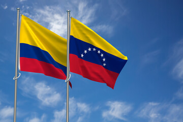 Republic of Colombia and Bolivarian Republic of Venezuela Flags Over Blue Sky Background. 3D Illustration