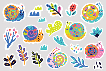 Snails and leaves sticker collection in childish style