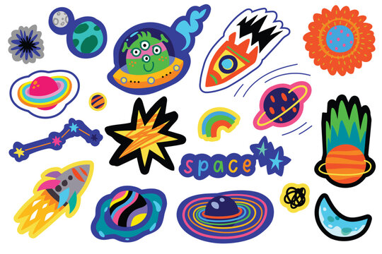 Space sticker collection with planets, rockets and stars in the night