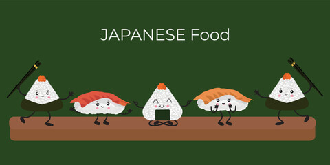 Vector illustration of Onigiri and sushi in the style of kawaii. Japanese fast food made of rice stuffed in the form of a triangle of nori seaweed