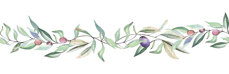 Olive and leaves long vine watercolor leaves in long stem or branch swag for a border design.