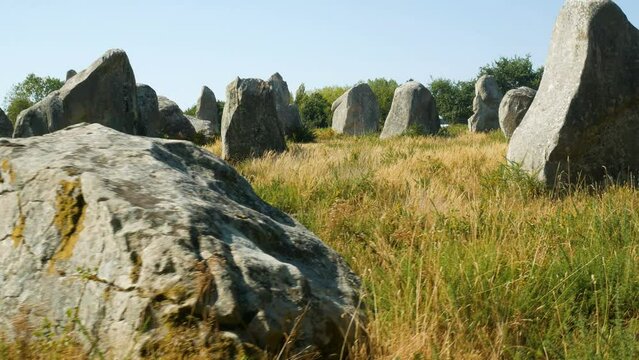Big megalithes made of stone in the famous archaeological site of Carnac, France, in the countryside of Brittany, with rows of ancient menhirs. Blue sky on the background.